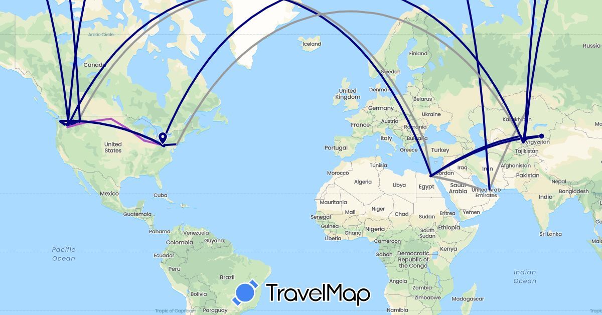 TravelMap itinerary: driving, bus, plane, train in United Arab Emirates, Egypt, Kyrgyzstan, Kazakhstan, Qatar, Turkey, United States, Uzbekistan (Africa, Asia, North America)